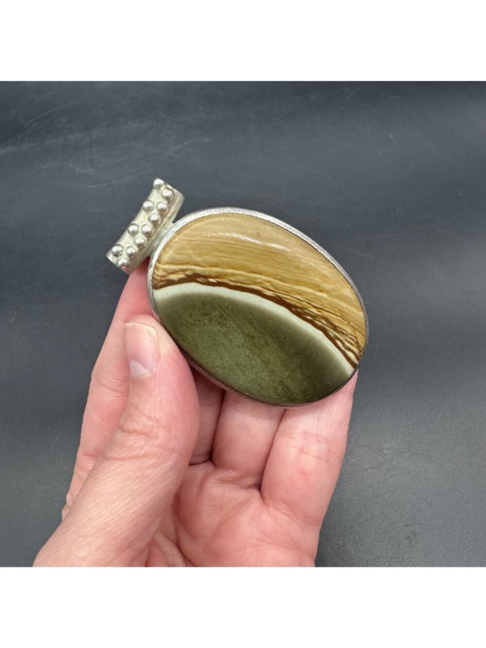 Large Landscape Jasper Pendant Owyhee Beach Ocean Nautical Silver Tone Metal - Picture 6 of 8
